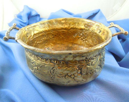Handmade brass cachepot repousse leaf berry design Handmade brass cachepot repousse leaf berry design