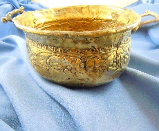 Handmade brass cachepot repousse leaf berry design Handmade brass cachepot repousse leaf berry design