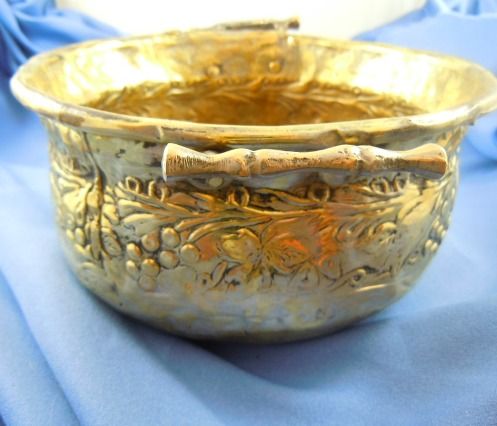 Handmade brass cachepot repousse leaf berry design Handmade brass cachepot repousse leaf berry design