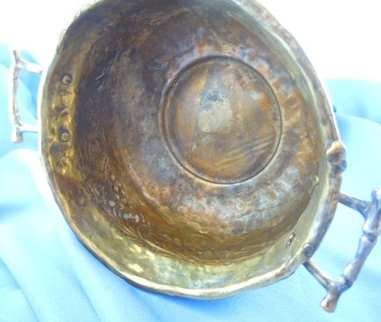 Handmade brass cachepot repousse leaf berry design Handmade brass cachepot repousse leaf berry design