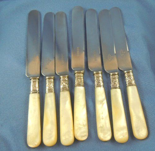 Mother of pearl Knives lunch Columbia cutlery silver plated 6 Mother of pearl Knives lunch Columbia cutlery silver plated 6