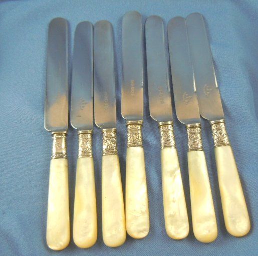 Mother of pearl Knives lunch Columbia cutlery silver plated 6 Mother of pearl Knives lunch Columbia cutlery silver plated 6