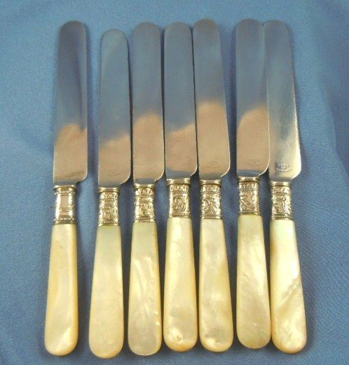 Mother of pearl Knives lunch Columbia cutlery silver plated 6 Mother of pearl Knives lunch Columbia cutlery silver plated 6
