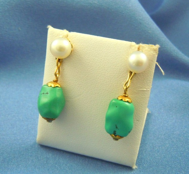 Natural turquoise & cultured pearl earrings 14k gold Natural turquoise & cultured pearl earrings 14k gold