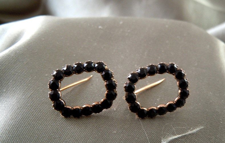 Antique Victorian Whitby Jet Small Pins (2) 9K Gold Antique Victorian Whitby Jet Small Pins (2) 9K Gold