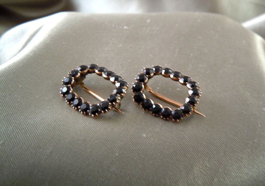 Antique Victorian Whitby Jet Small Pins (2) 9K Gold Antique Victorian Whitby Jet Small Pins (2) 9K Gold