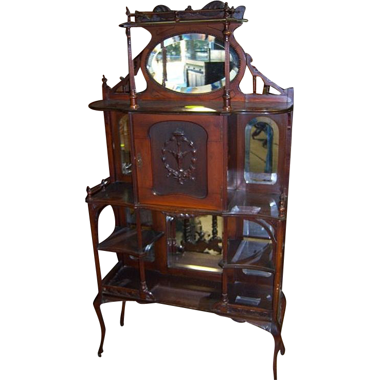 Victorian Etagere with Mirror, Galleries, Shelves, Carved Door from