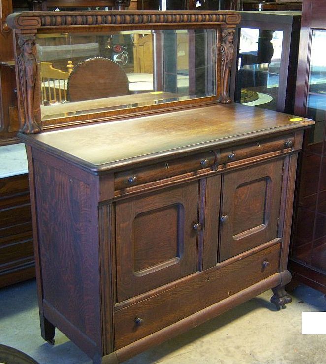 Oak Sideboard w/ Carved Lady Figures and Claw Feet Oak Sideboard w/ Carved Lady Figures and Claw Feet