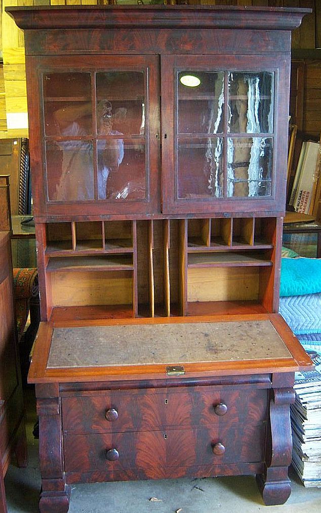 Mahogany Secretary Bookcase, Federal Period Empire, 1820-40, Signed Mahogany Secretary Bookcase, Federal Period Empire, 1820-40, Signed