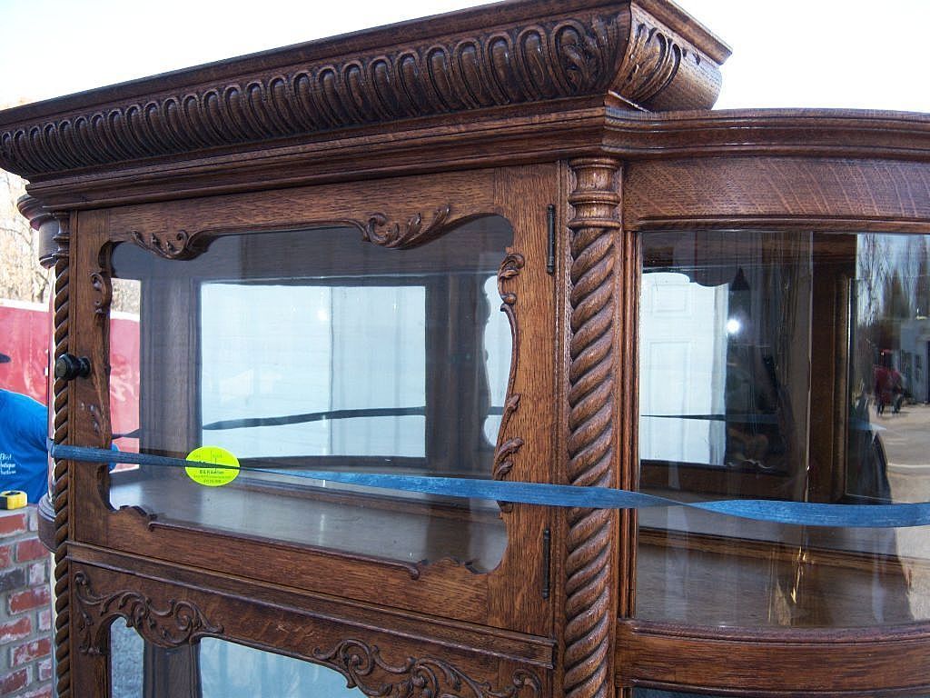 Oak China Cabinet, Curved Glass, Carved, Two Doors Oak China Cabinet, Curved Glass, Carved, Two Doors