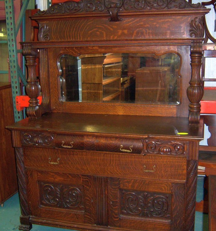Oak Sideboard Buffet, Mirror and Carvings, 1890 from robertsantiques on