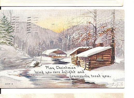 1917 Christmas Postcard Owen Card Snowy Log Cabin Scene 1917 Christmas Postcard Owen Card Snowy Log Cabin Scene