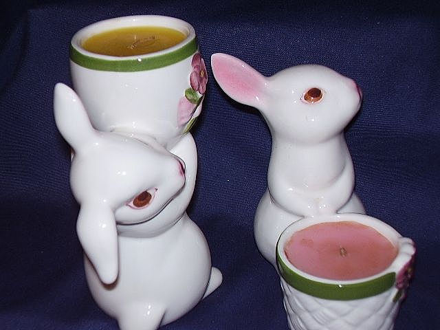 AVON White Bunny Rabbit Candle Holders ~ 1980 & 1981 ~ Handpainted AVON White Bunny Rabbit Candle Holders ~ 1980 & 1981 ~ Handpainted