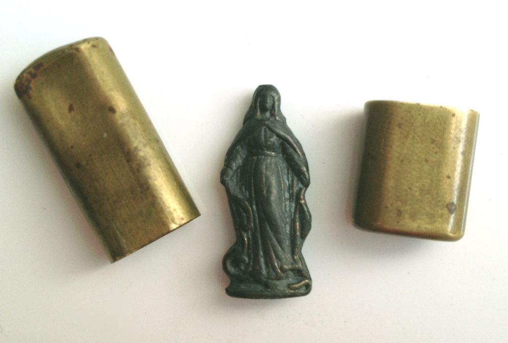 Mini Virgin Mary Statuette Contained in a Two-piece Metal Capsule Mini Virgin Mary Statuette Contained in a Two-piece Metal Capsule
