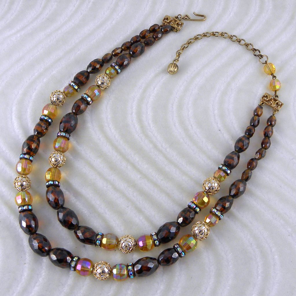Hobe Rootbeer Brown & Yellow Double Strand Beaded Necklace Hobe Rootbeer Brown & Yellow Double Strand Beaded Necklace