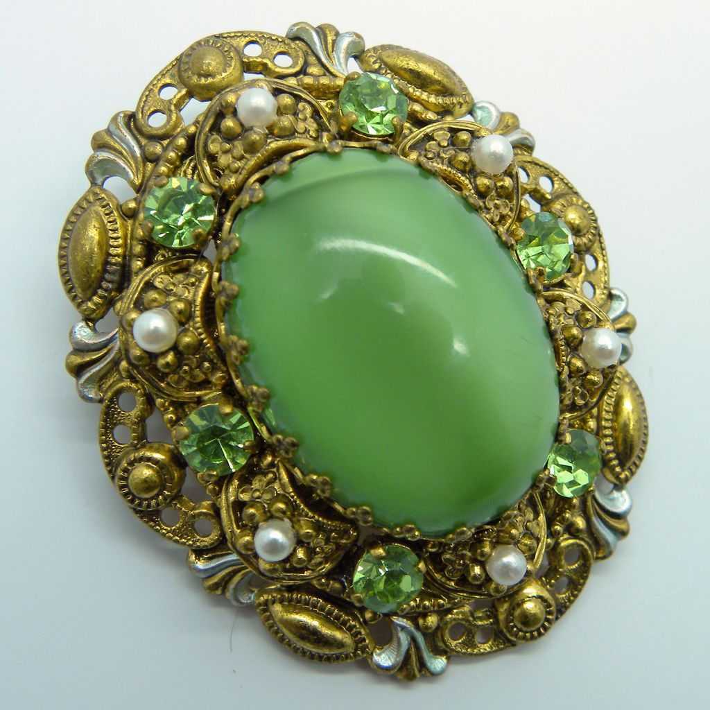 Western Germany Green Glass & Rhinestones Pin Brooch & Earrings Set Western Germany Green Glass & Rhinestones Pin Brooch & Earrings Set