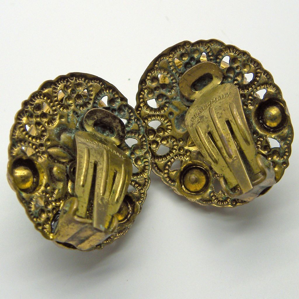 Western Germany Green Glass & Rhinestones Pin Brooch & Earrings Set Western Germany Green Glass & Rhinestones Pin Brooch & Earrings Set