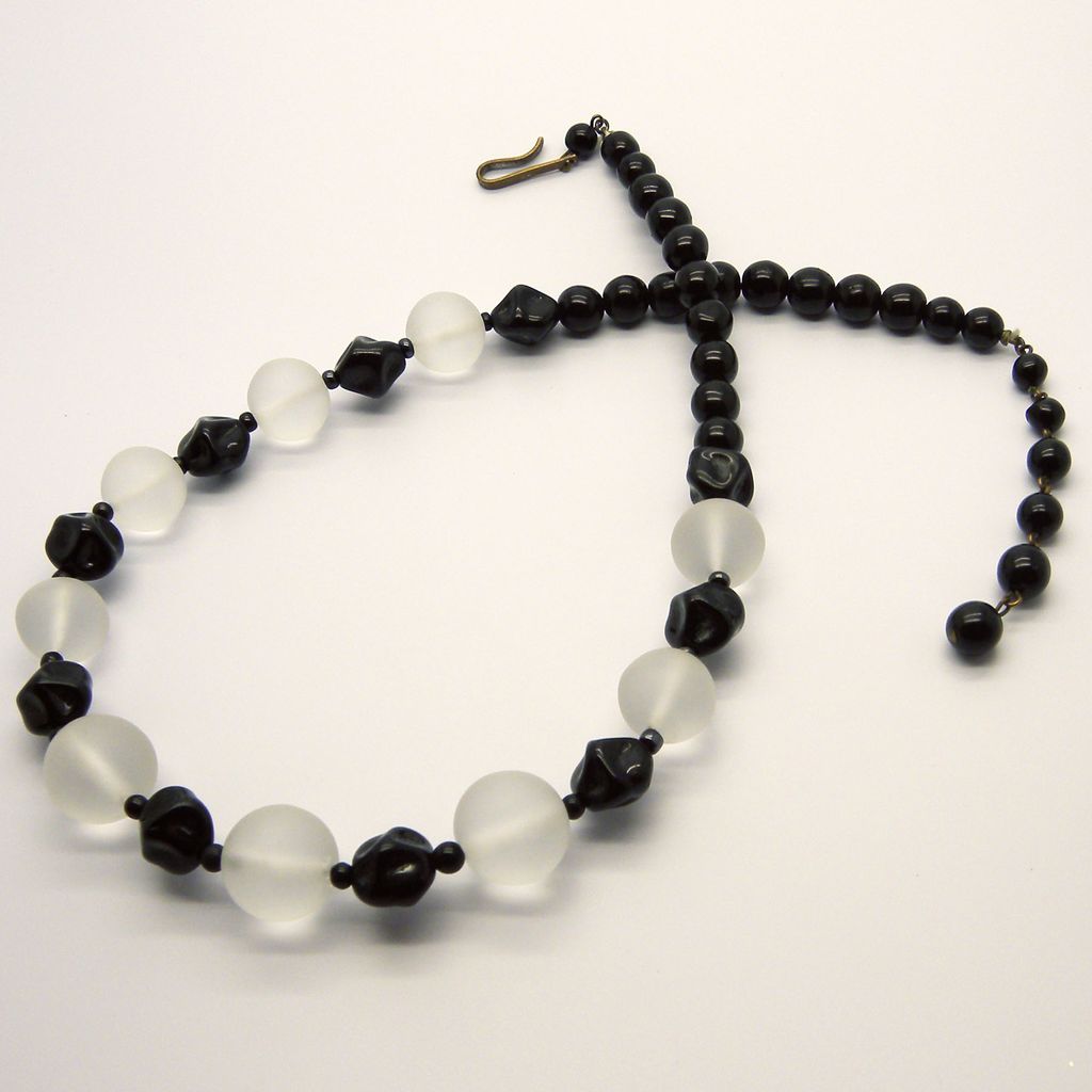 Western Germany Black & Frosted Clear Lucite Beads Necklace Western Germany Black & Frosted Clear Lucite Beads Necklace