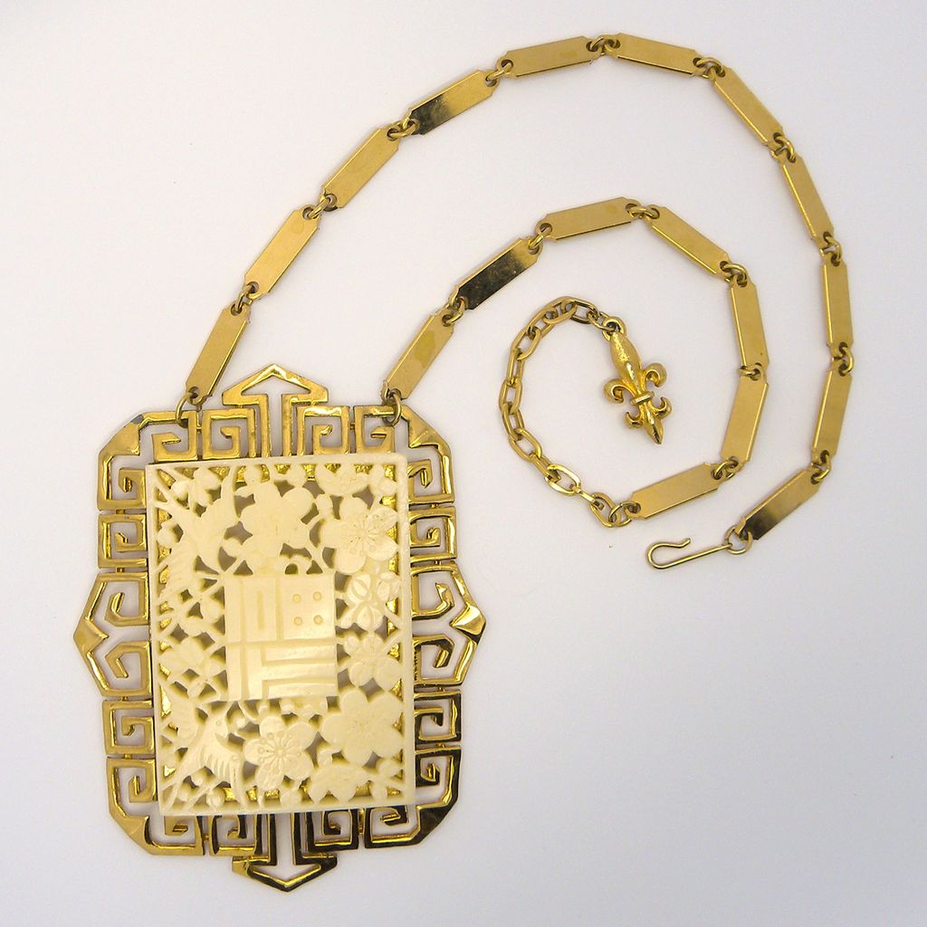 Vendome Carved Faux Ivory Birds & Flowers Necklace Vendome Carved Faux Ivory Birds & Flowers Necklace