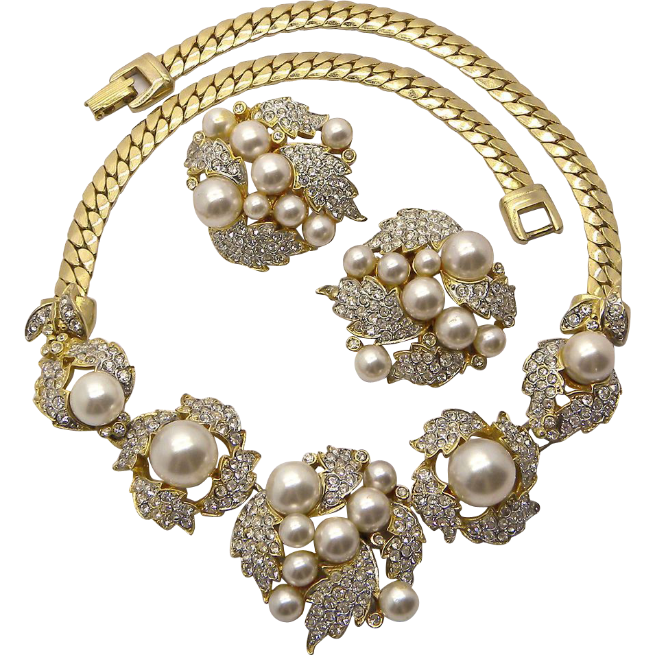 Gem Craft Faux Pearl & Rhinestones Necklace Earrings Set Gem Craft Faux Pearl & Rhinestones Necklace Earrings Set