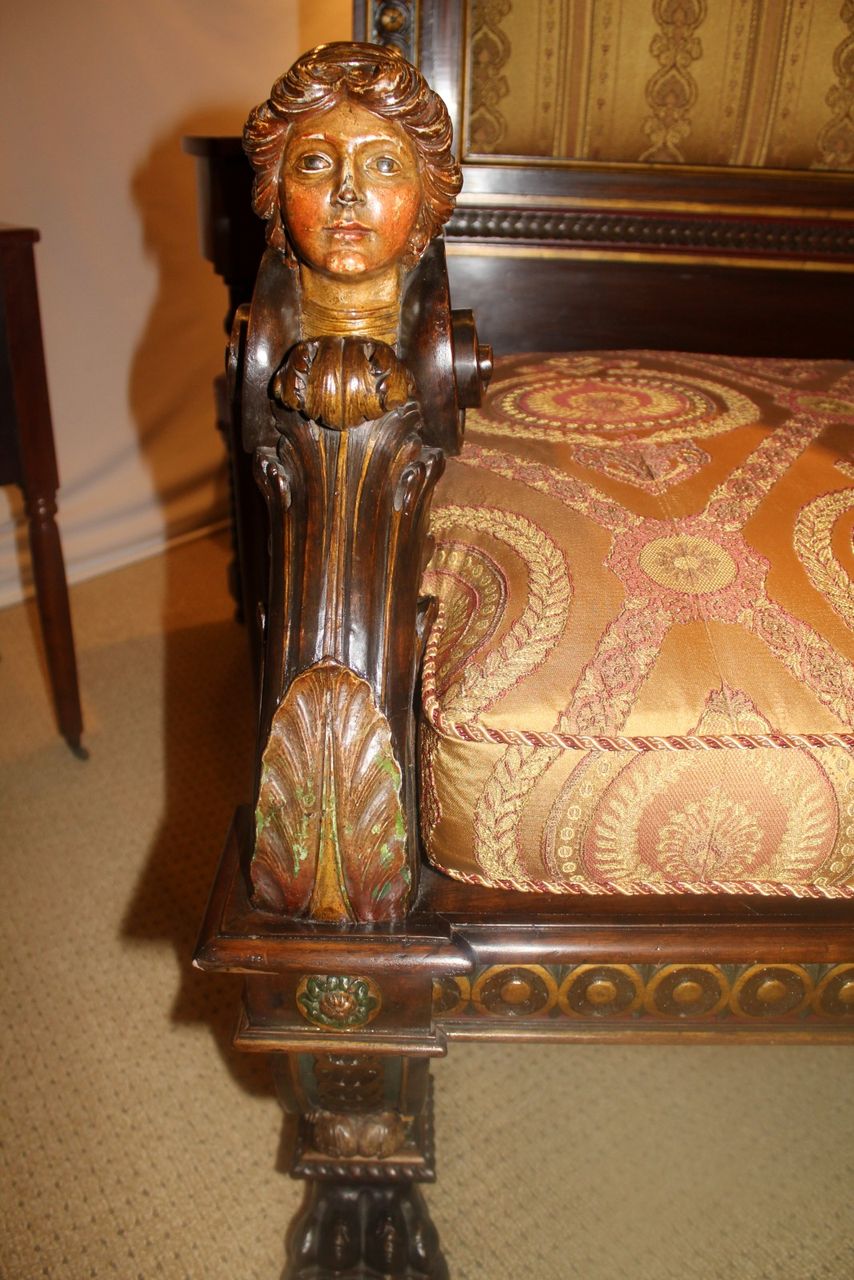 18th Italian Painted Heavily Carved Long Bench with Exceptionally Rare Detail 18th Italian Painted Heavily Carved Long Bench with Exceptionally Rare Detail