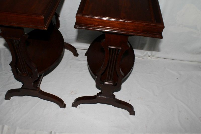 English Regency Style Mahogany End Tables with Lyre Supports. Circa 1920's English Regency Style Mahogany End Tables with Lyre Supports. Circa 1920's
