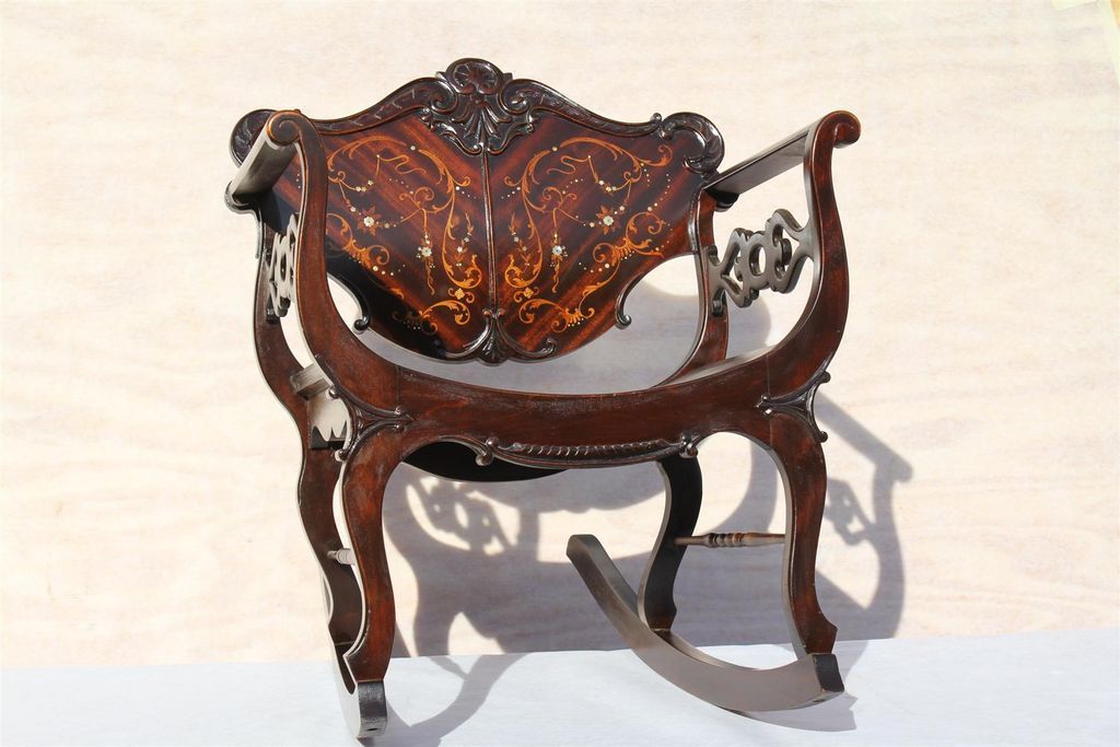 American Victorian Mahogany Rare Inlaid Rocking Chair, Turn of the Century American Victorian Mahogany Rare Inlaid Rocking Chair, Turn of the Century