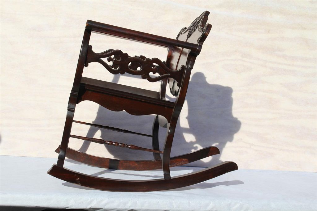 American Victorian Mahogany Rare Inlaid Rocking Chair, Turn of the Century American Victorian Mahogany Rare Inlaid Rocking Chair, Turn of the Century