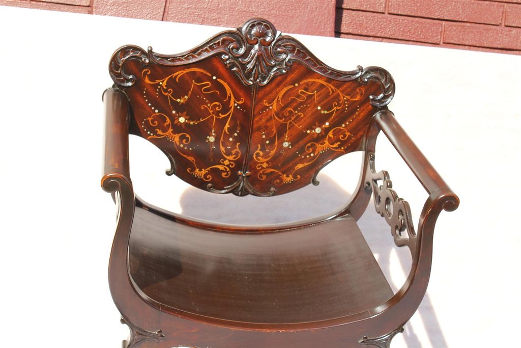 American Victorian Mahogany Rare Inlaid Rocking Chair, Turn of the Century American Victorian Mahogany Rare Inlaid Rocking Chair, Turn of the Century