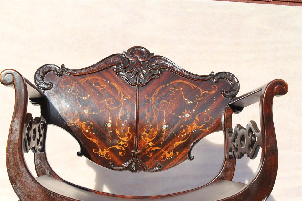 American Victorian Mahogany Rare Inlaid Rocking Chair, Turn of the Century American Victorian Mahogany Rare Inlaid Rocking Chair, Turn of the Century