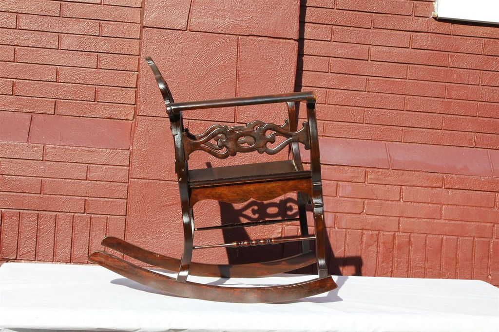 American Victorian Mahogany Rare Inlaid Rocking Chair, Turn of the Century American Victorian Mahogany Rare Inlaid Rocking Chair, Turn of the Century