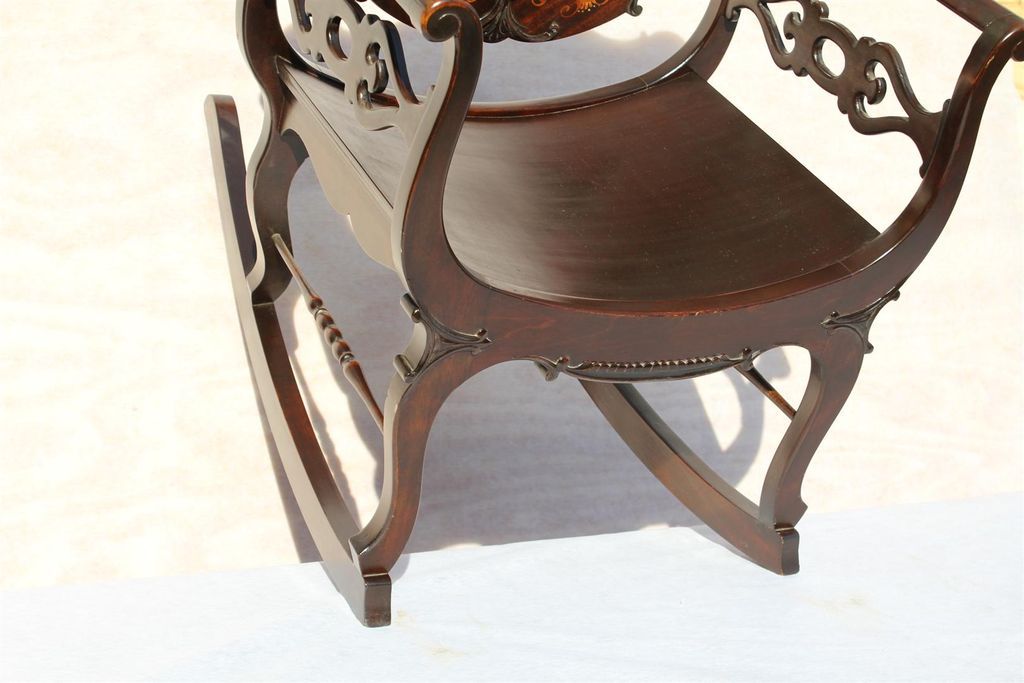 American Victorian Mahogany Rare Inlaid Rocking Chair, Turn of the Century American Victorian Mahogany Rare Inlaid Rocking Chair, Turn of the Century
