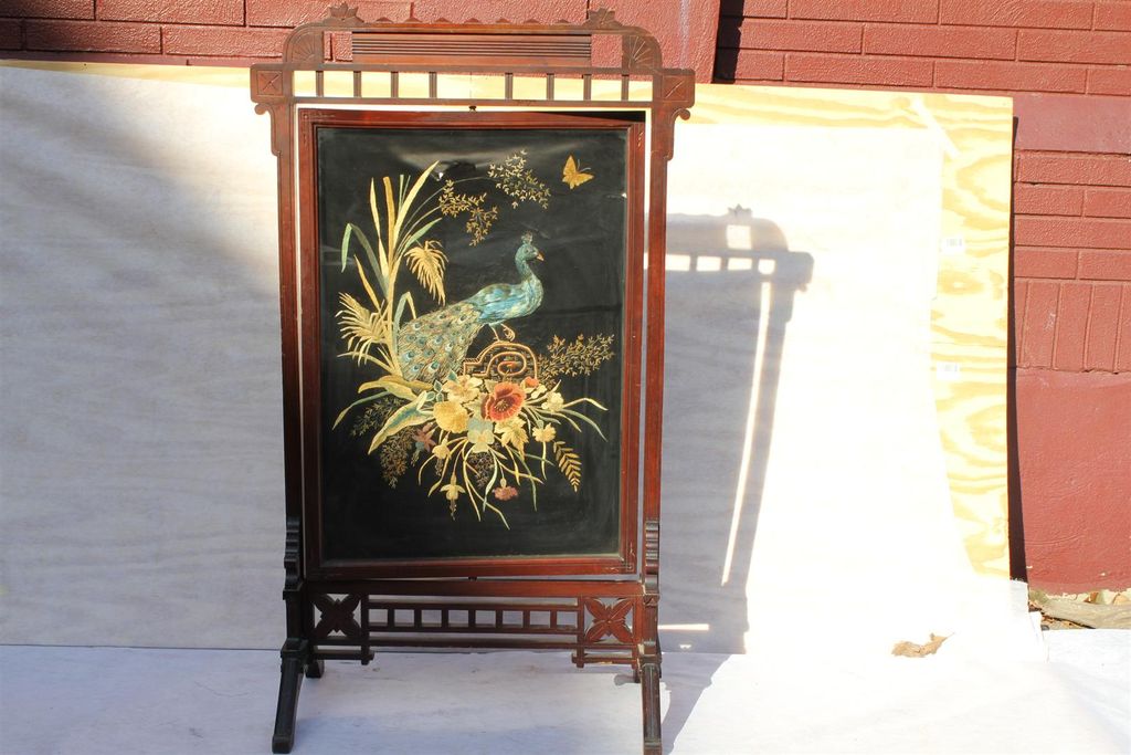 Antique Victorian Walnut Elaborate Fire Screen with Embroidered Silk fabric Antique Victorian Walnut Elaborate Fire Screen with Embroidered Silk fabric