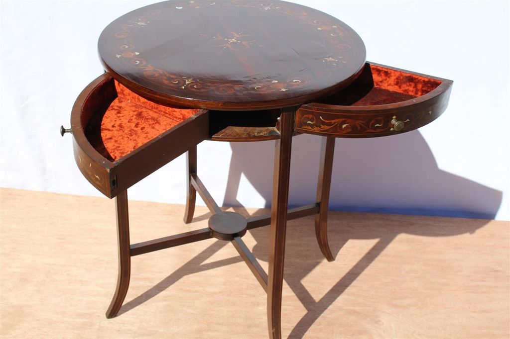 Antique Rare English Game Table with Elaborate Circular Top and Sliding Drawers Antique Rare English Game Table with Elaborate Circular Top and Sliding Drawers