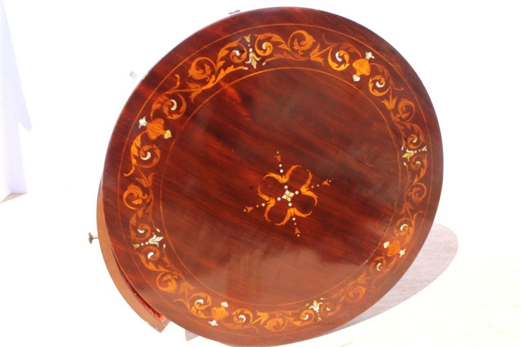 Antique Rare English Game Table with Elaborate Circular Top and Sliding Drawers Antique Rare English Game Table with Elaborate Circular Top and Sliding Drawers