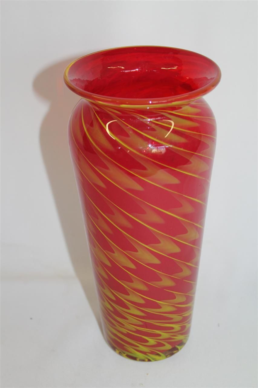 Vintage Art Glass vase in Ruby Color and Dark Gold Swirls Circa 1940's Vintage Art Glass vase in Ruby Color and Dark Gold Swirls Circa 1940's