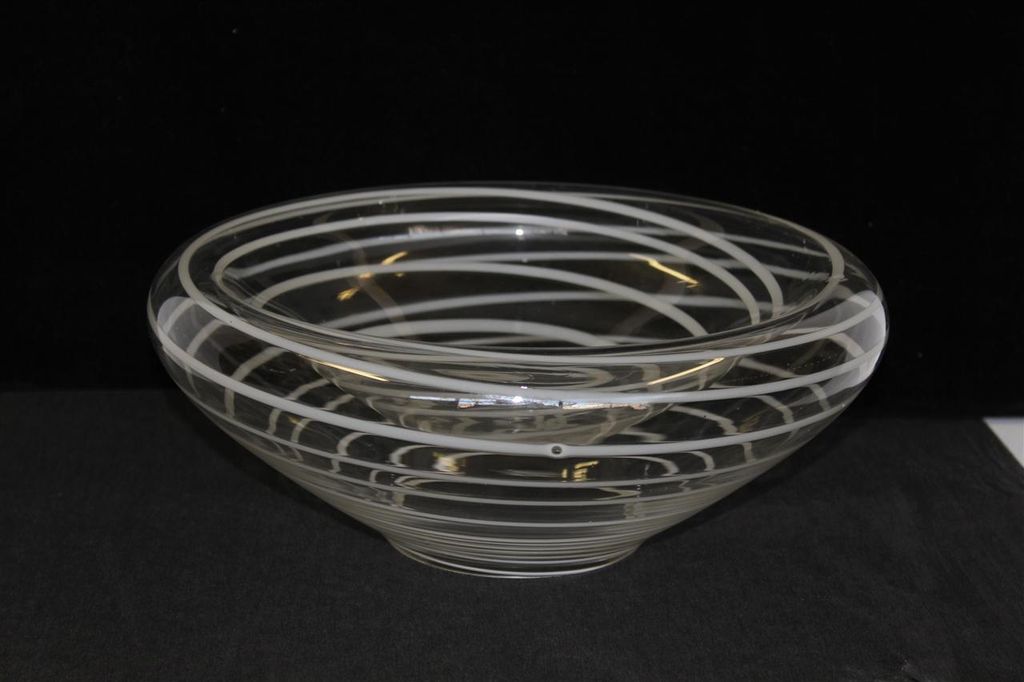 Art Glass Unusual Shaped Double glass Bowl/Dish, white swirls on clear Glass Art Glass Unusual Shaped Double glass Bowl/Dish, white swirls on clear Glass