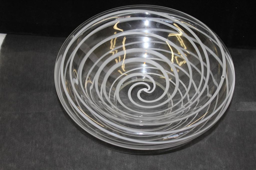 Art Glass Unusual Shaped Double glass Bowl/Dish, white swirls on clear Glass Art Glass Unusual Shaped Double glass Bowl/Dish, white swirls on clear Glass