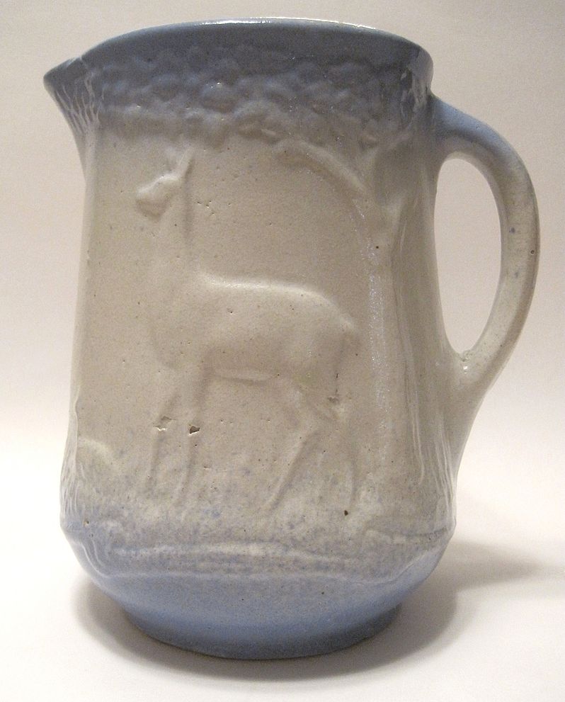 Blue & White Stoneware Pitcher Doe And Fawn Blue & White Stoneware Pitcher Doe And Fawn