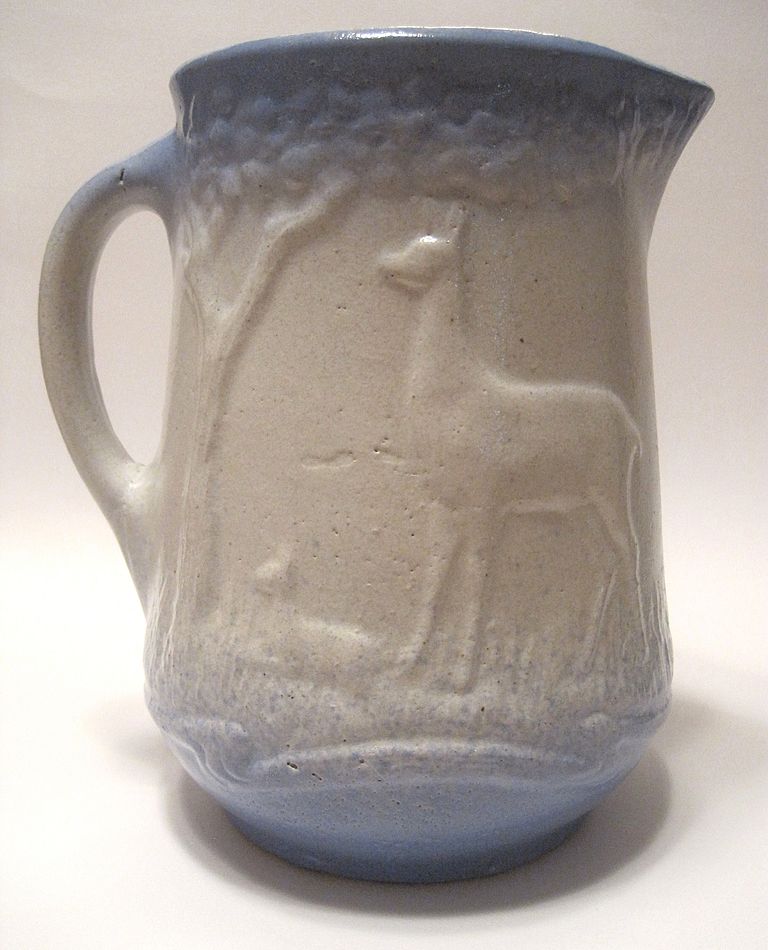 Blue & White Stoneware Pitcher Doe And Fawn Blue & White Stoneware Pitcher Doe And Fawn