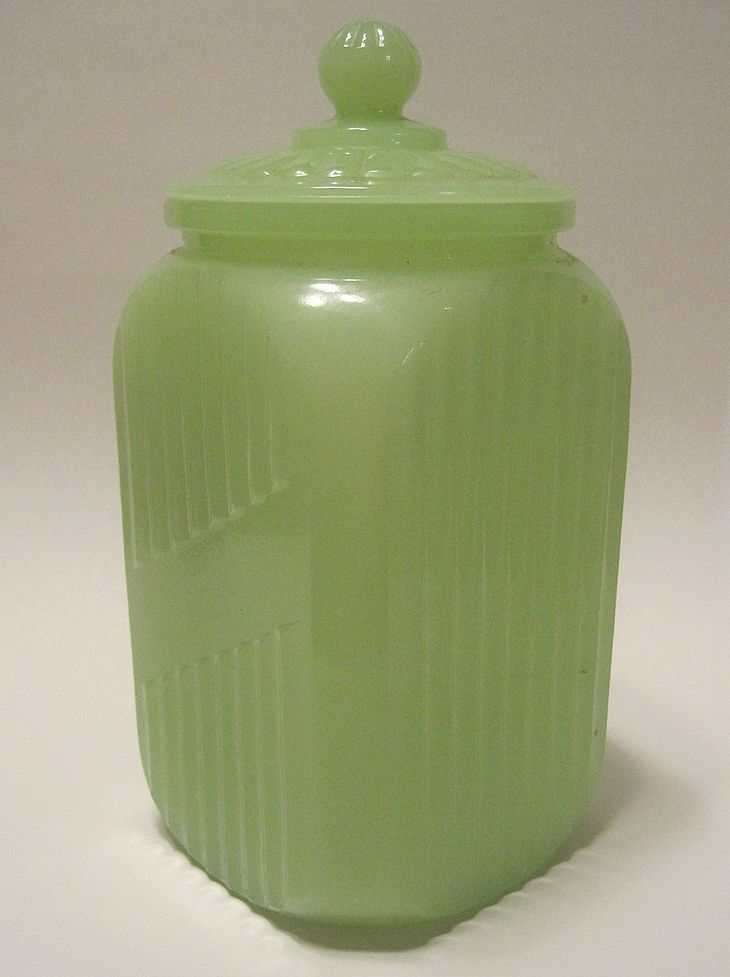 Vintage Jadite Depression Glass Canister With Cover Vintage Jadite Depression Glass Canister With Cover