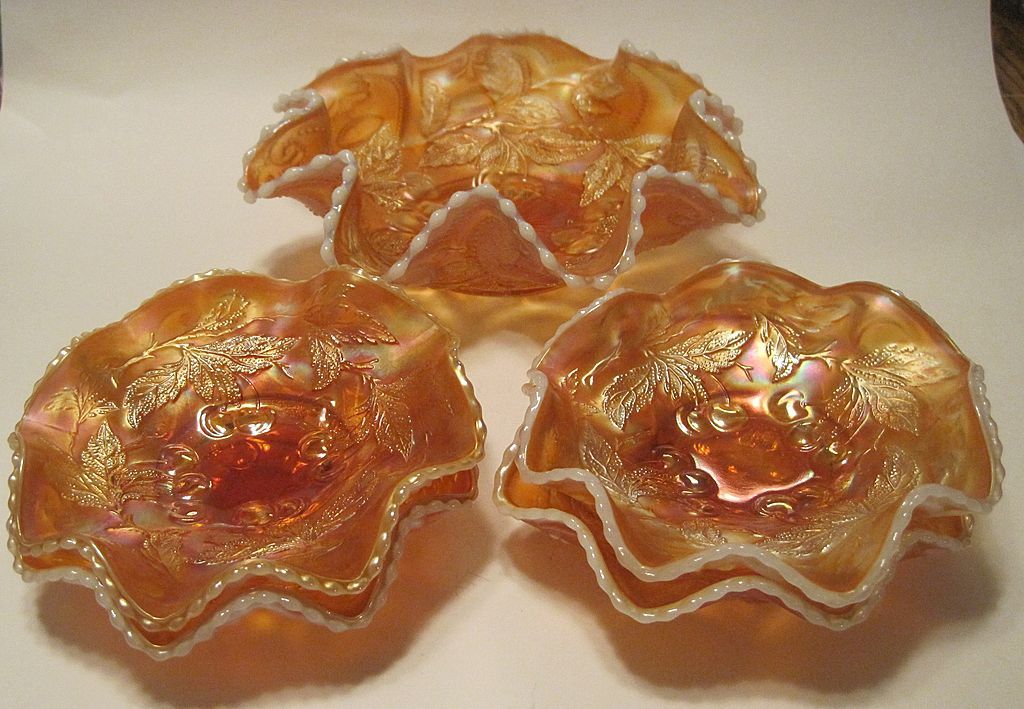 Dugan Carnival Glass Cherries Opalescent Five Bowl Set Eight Crimp HTF Dugan Carnival Glass Cherries Opalescent Five Bowl Set Eight Crimp HTF