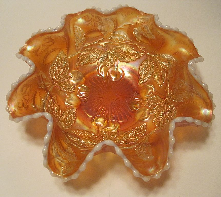 Dugan Carnival Glass Cherries Opalescent Five Bowl Set Eight Crimp HTF Dugan Carnival Glass Cherries Opalescent Five Bowl Set Eight Crimp HTF