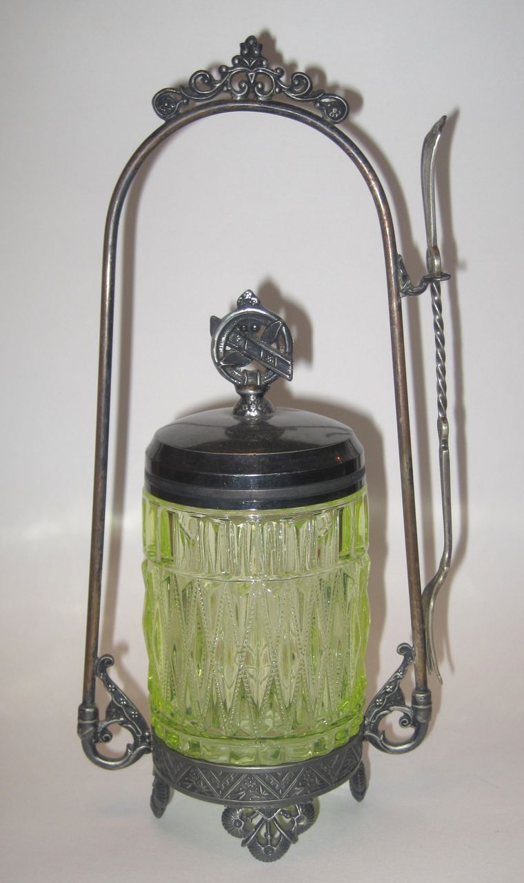 Victorian Silver Plate Pickle Castor And Vaseline Glass Jar Victorian Silver Plate Pickle Castor And Vaseline Glass Jar