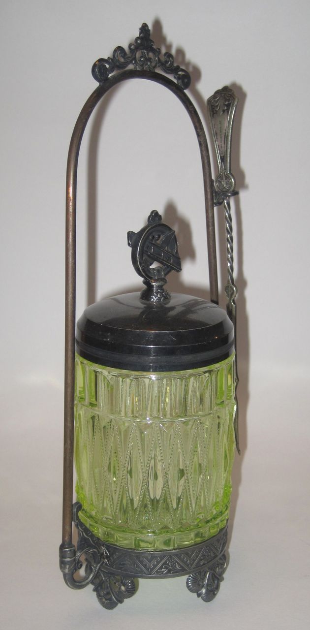 Victorian Silver Plate Pickle Castor And Vaseline Glass Jar Victorian Silver Plate Pickle Castor And Vaseline Glass Jar