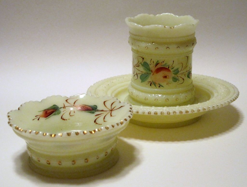 Three Pieces Signed Heisey Custard Glass Three Pieces Signed Heisey Custard Glass
