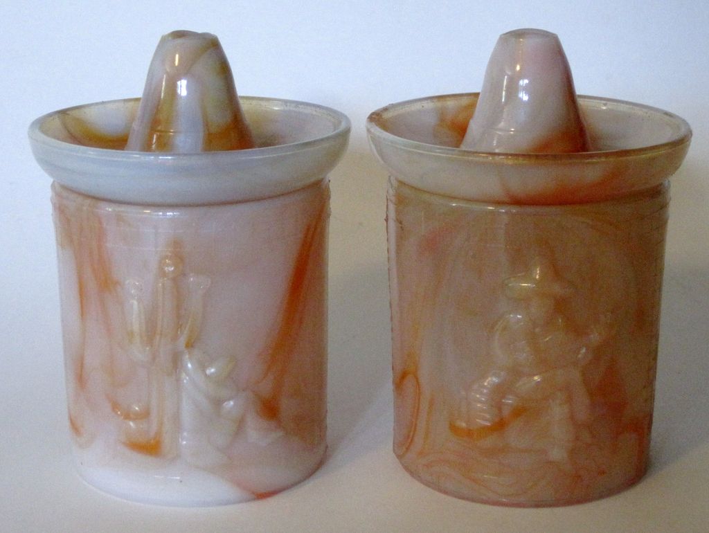 Two Old Akro Agate Slag Glass Mexicali Bath Powder Jars Two Old Akro Agate Slag Glass Mexicali Bath Powder Jars