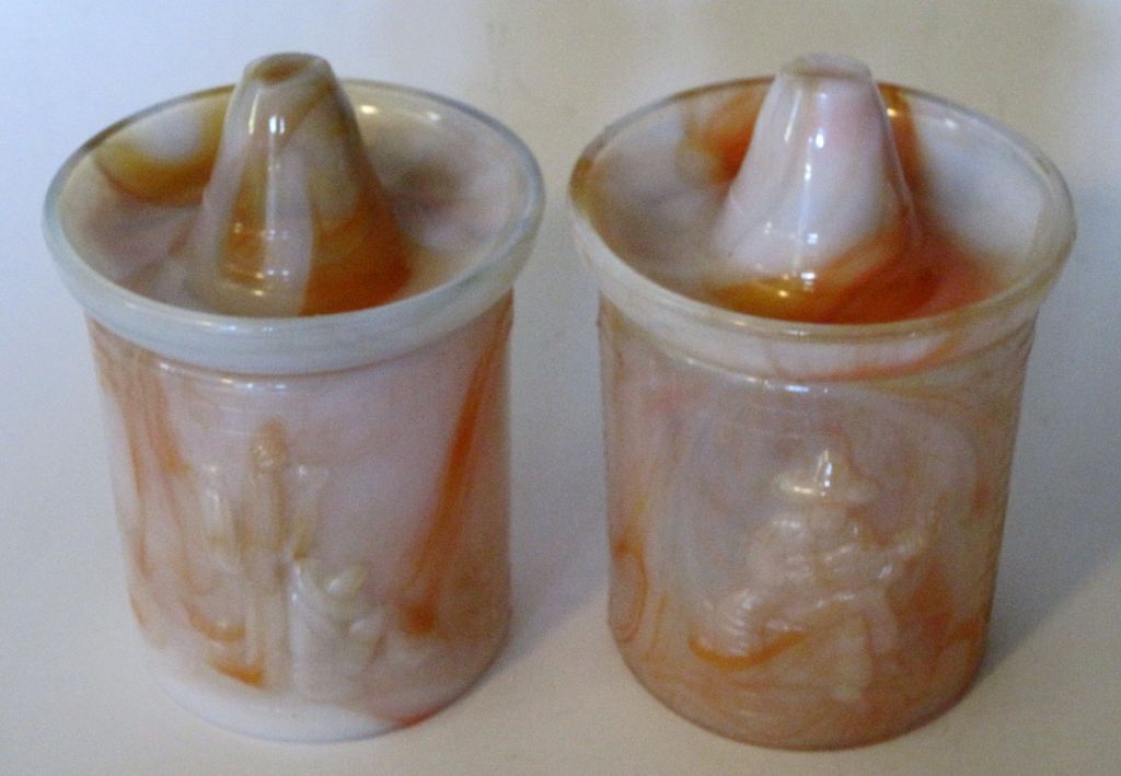 Two Old Akro Agate Slag Glass Mexicali Bath Powder Jars Two Old Akro Agate Slag Glass Mexicali Bath Powder Jars