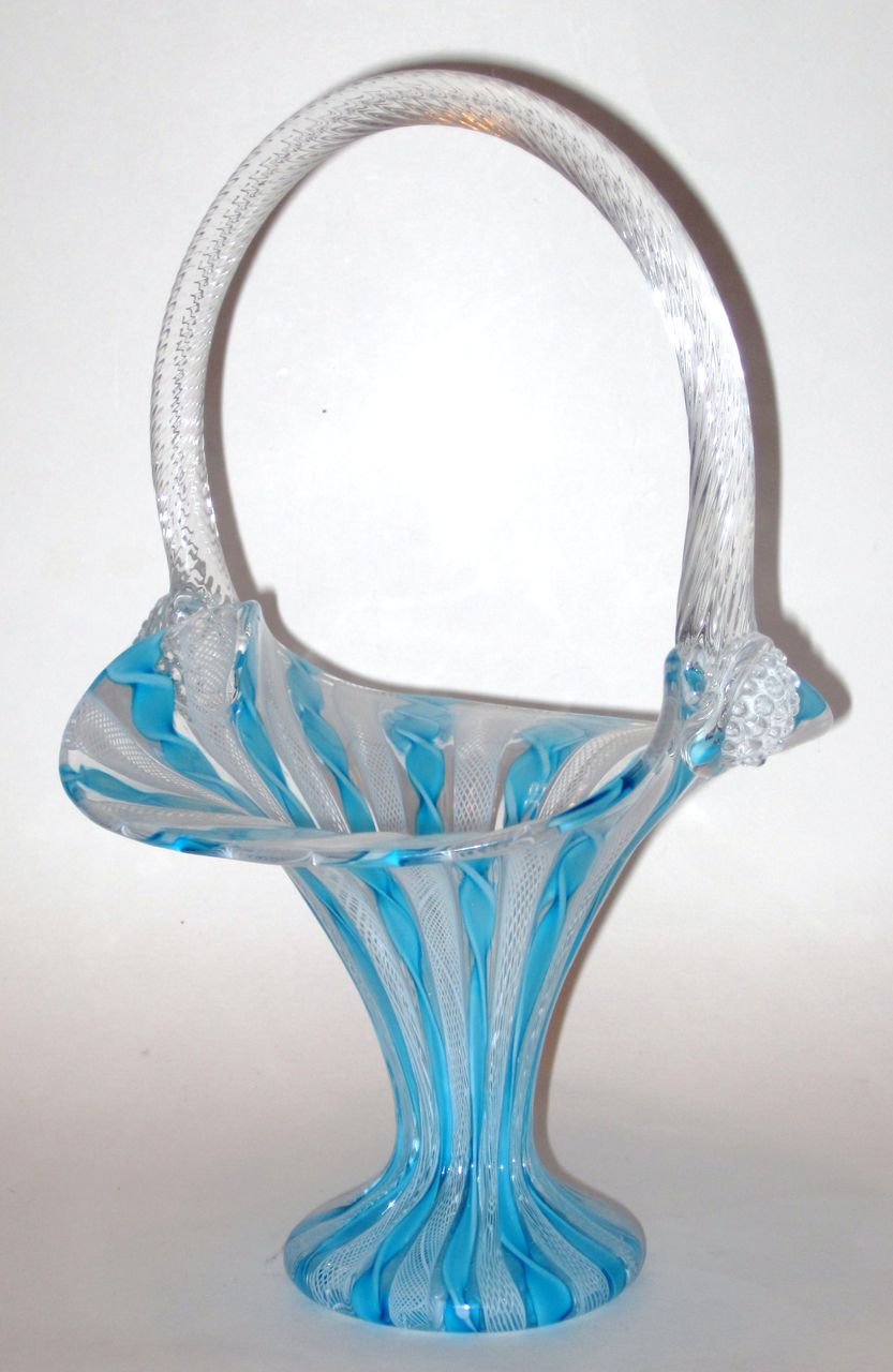 Vintage Murano Art Glass Basket Vase Original Label Vintage Murano Art Glass Basket Vase Original Label