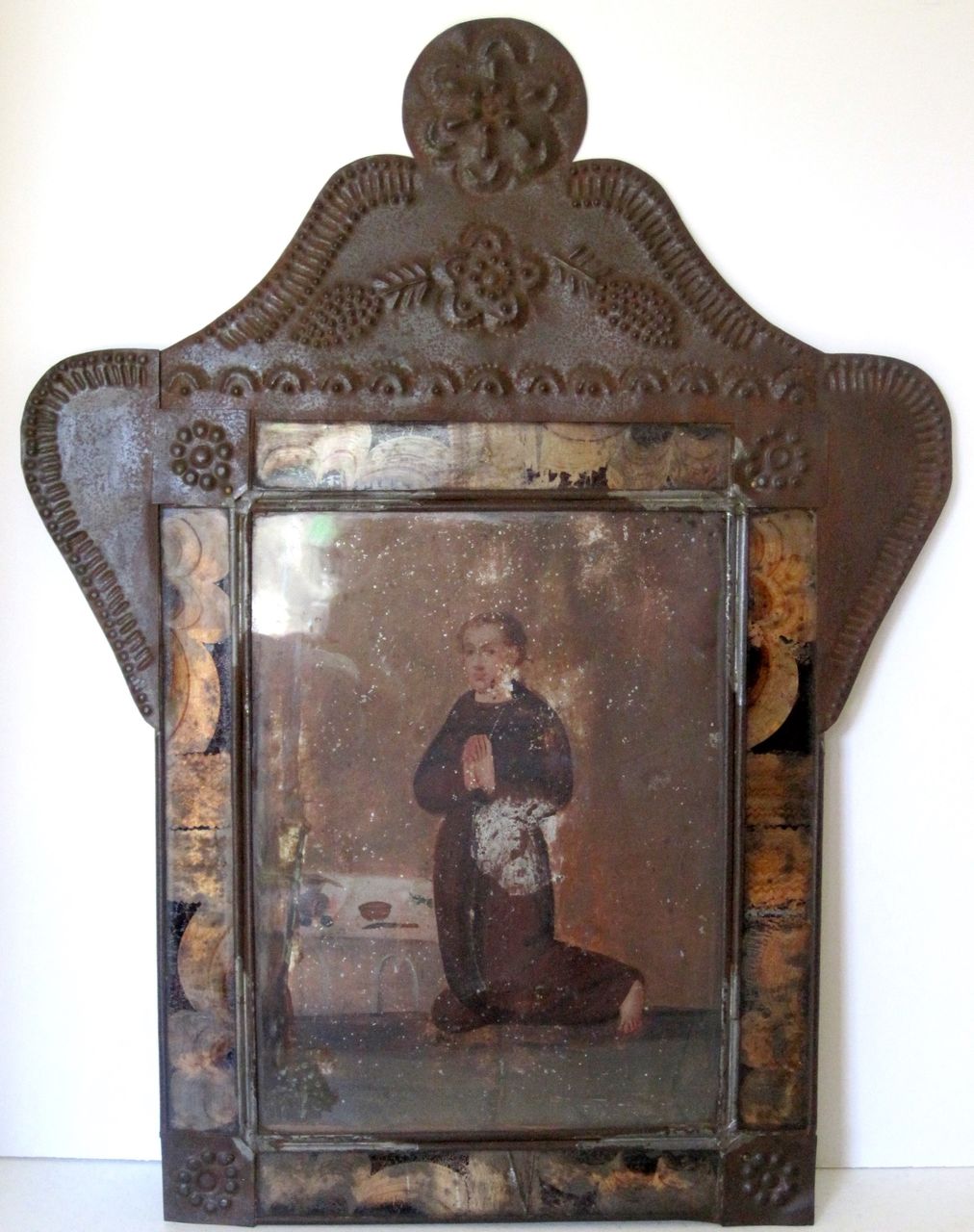 Antique Painting Mexican Retablo In Tin And Glass Frame Antique Painting Mexican Retablo In Tin And Glass Frame